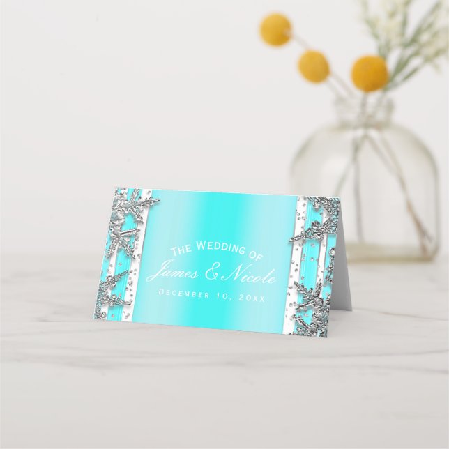Aqua Blue & Silver Winter Snowflakes Party Seat Place Card (Front)