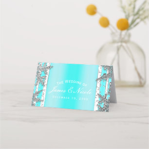 Aqua Blue & Silver Winter Snowflakes Party Seat Place Card