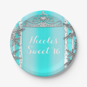 Aqua Blue & Silver Winter Wonderland Snowflakes Paper Plate