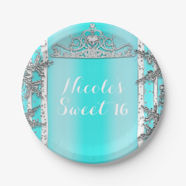 Aqua Blue & Silver Winter Wonderland Snowflakes Paper Plate (Front)