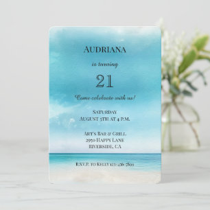 Aqua Blue Skies Sand Beach Ocean Birthday Invitation