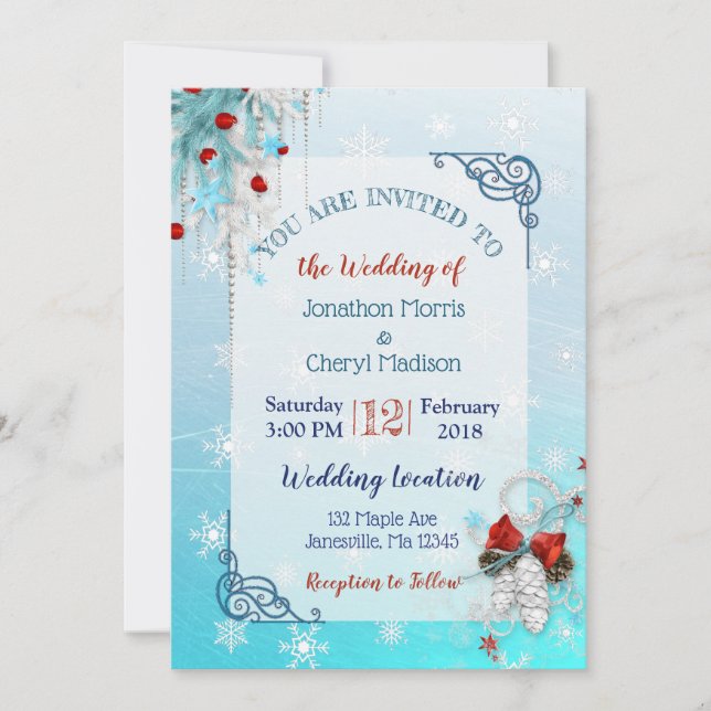Aqua Blue Snowflake Christmas Wedding Invitations (Front)