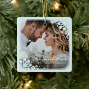 Aqua Blue Snowflakes Frame Holiday Wedding Photo Ceramic Ornament