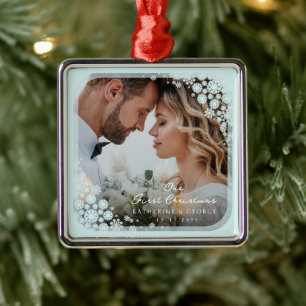 Aqua Blue Snowflakes Frame Holiday Wedding Photo Metal Tree Decoration