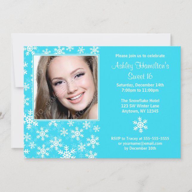 Aqua Blue Snowflakes Photo Sweet 16 Invitations (Front)