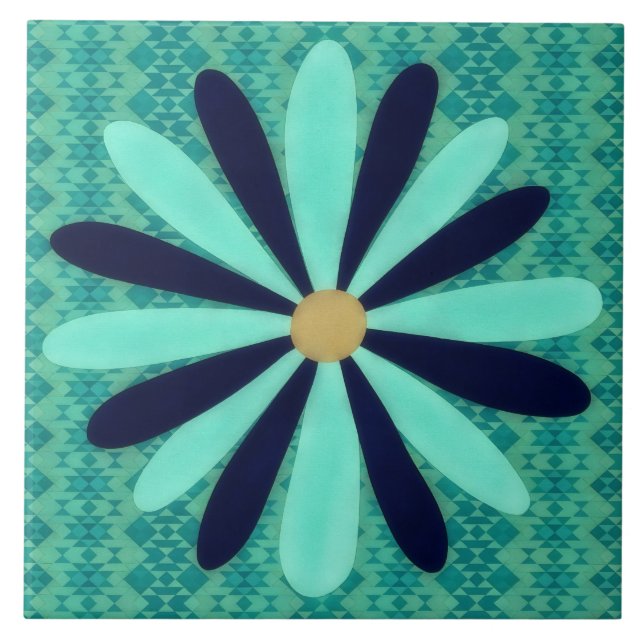 Aqua Blue Southwestern Style Flower Art Decorative Tile (Front)