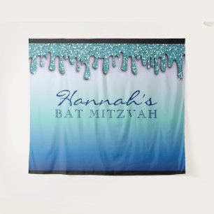 Aqua Blue Sparkle Drippy Drip Bat Mitzvah Backdrop Tapestry