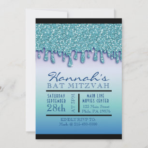 Aqua Blue Sparkle Drippy Drip Bat Mitzvah Invite