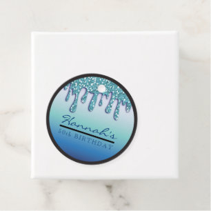 Aqua Blue Sparkle Drippy Drip Birthday Party Gift Favour Tags
