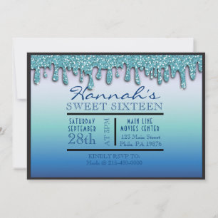 Aqua Blue Sparkle Drippy Drip Sweet Sixteen Party Invitation