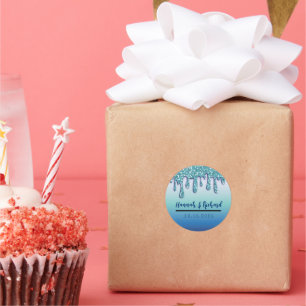 Aqua Blue Sparkle Glitter Drip Wedding Gift Classic Round Sticker