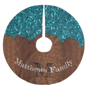Aqua blue sparkle rustic wood family Monogram Brushed Polyester Tree Skirt