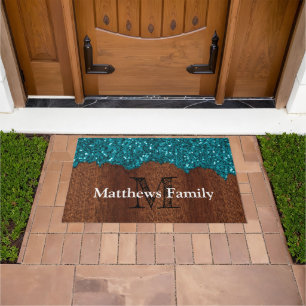 Aqua blue sparkle rustic wood family Monogram Doormat