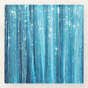 Aqua Blue Sparkle Stripes Glass Coaster