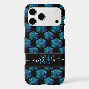 Aqua blue sparkles diamond geometric Monogram