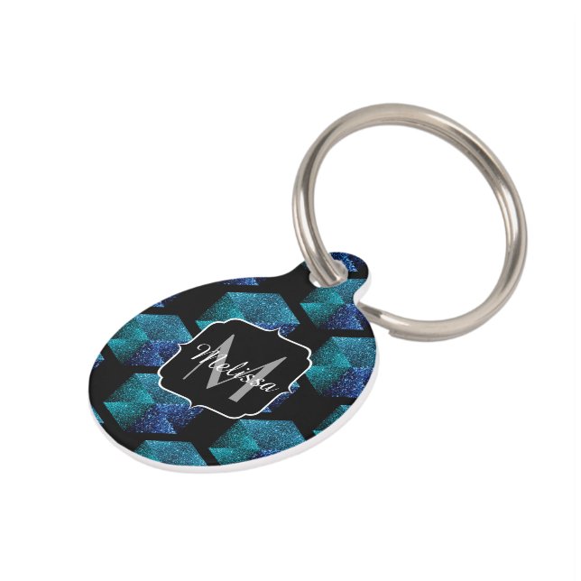 Aqua blue sparkles diamond geometric Monogram Pet Tag (Side)