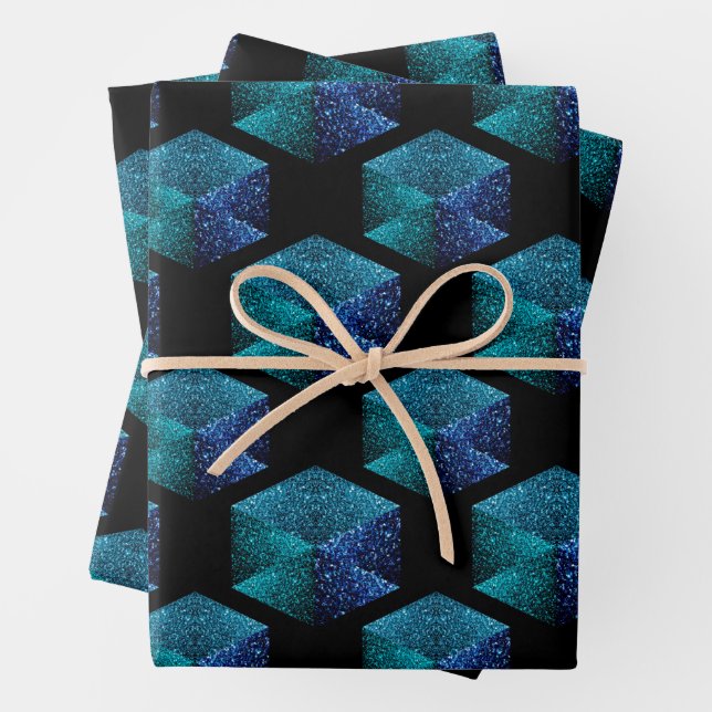Aqua blue sparkles diamond geometric pattern black wrapping paper sheet (In situ)