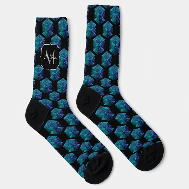 Aqua blue sparkles diamond pattern black Monogram Socks (Right)