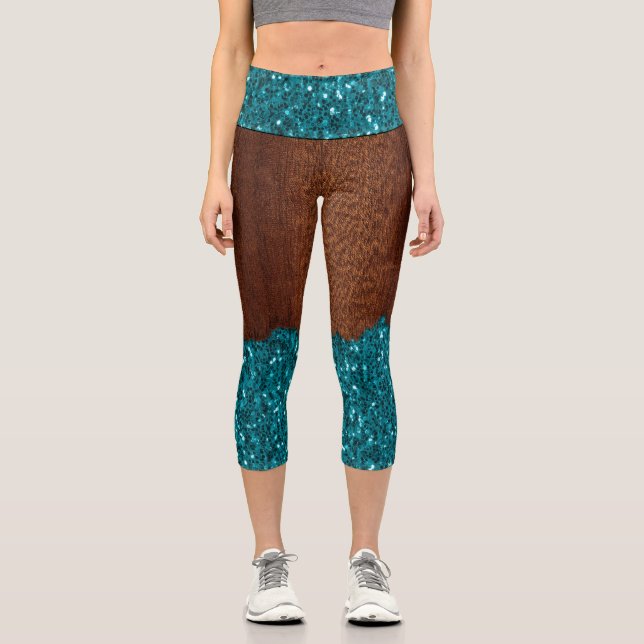 Aqua blue sparkles glitter rustic brown wood capri leggings (Front)