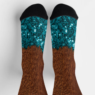 Aqua blue sparkles glitter rustic brown wood socks