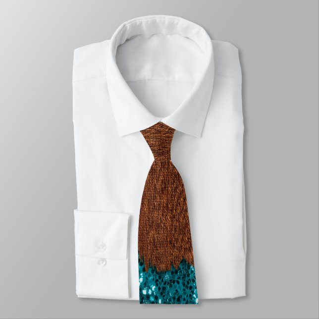 Aqua blue sparkles glitter rustic brown wood tie (Tied)