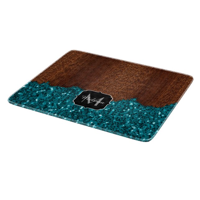 Aqua blue sparkles glitter rustic wood Monogram Cutting Board (Corner)