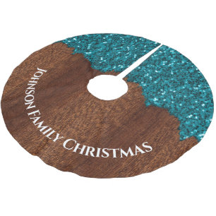 Aqua blue sparkles rustic brown Family name custom Brushed Polyester Tree Skirt