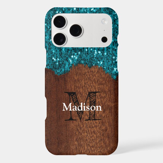 Aqua blue sparkles rustic brown wood Monogram (Back)