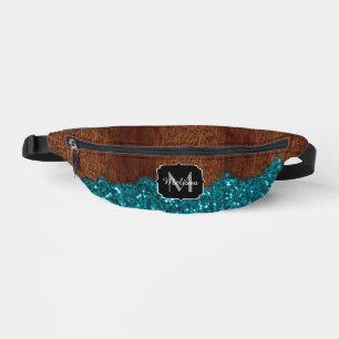 Aqua blue sparkles rustic brown wood Monogram Bum Bags