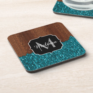 Aqua blue sparkles rustic brown wood Monogram Coaster