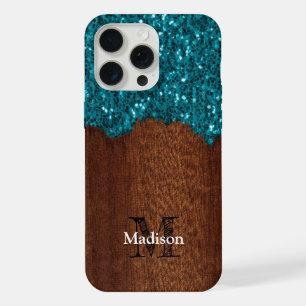 Aqua blue sparkles rustic brown wood Monogram iPhone 15 Pro Max Case