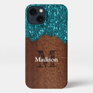 Aqua blue sparkles rustic brown wood Monogram iPhone 13 Case