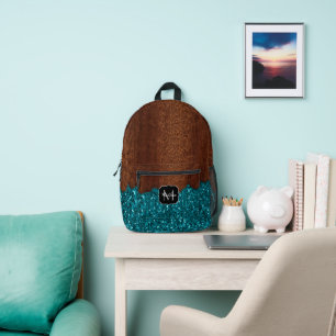 Aqua blue sparkles rustic brown wood Monogram Printed Backpack