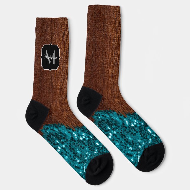 Aqua blue sparkles rustic brown wood Monogram Socks (Right)
