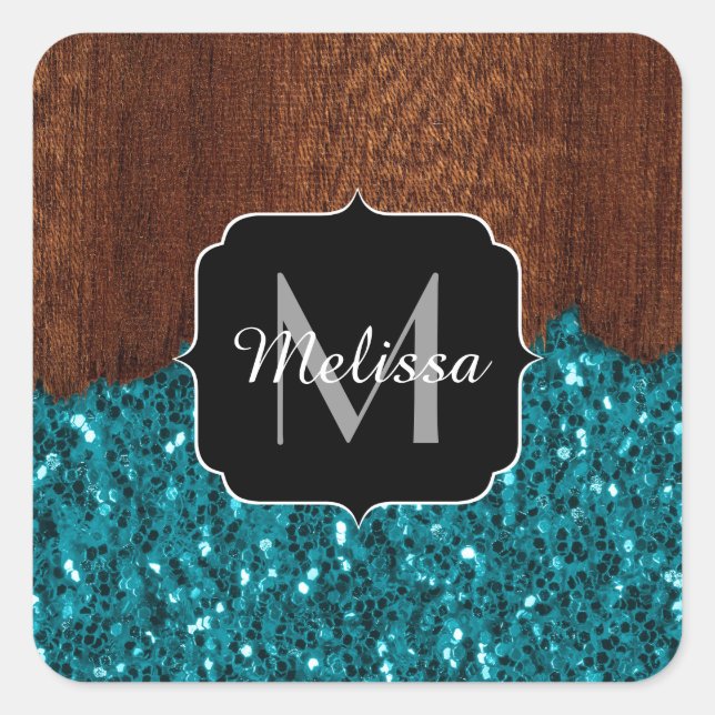Aqua blue sparkles rustic brown wood Monogram Square Sticker (Front)