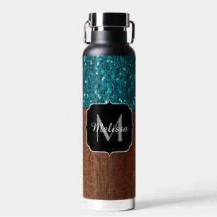 Aqua blue sparkles rustic brown wood Monogram Water Bottle
