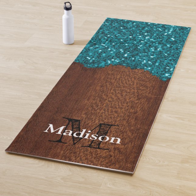 Aqua blue sparkles rustic brown wood Monogram Yoga Mat (In Situ)