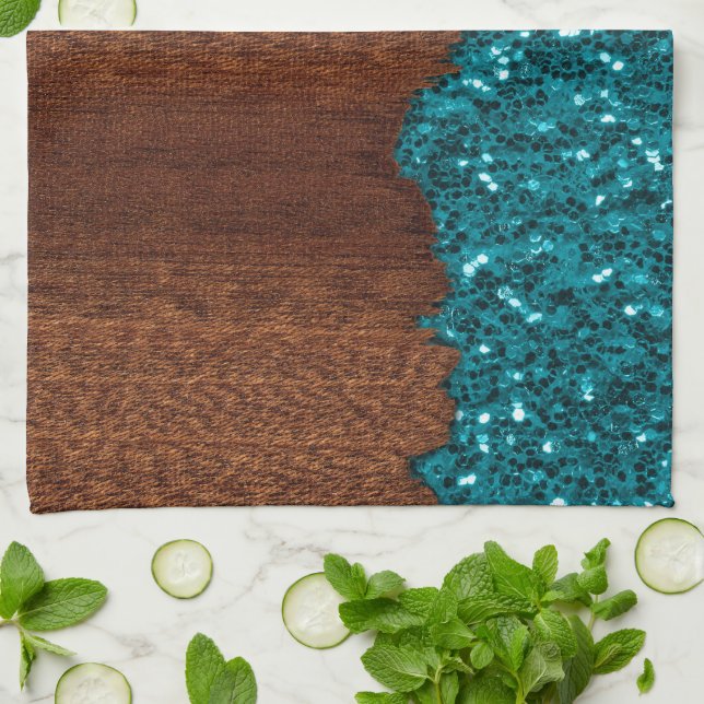Aqua blue sparkles rustic brown wood tea towel (Folded)