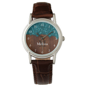 Aqua blue sparkles rustic wood Monogram Watch