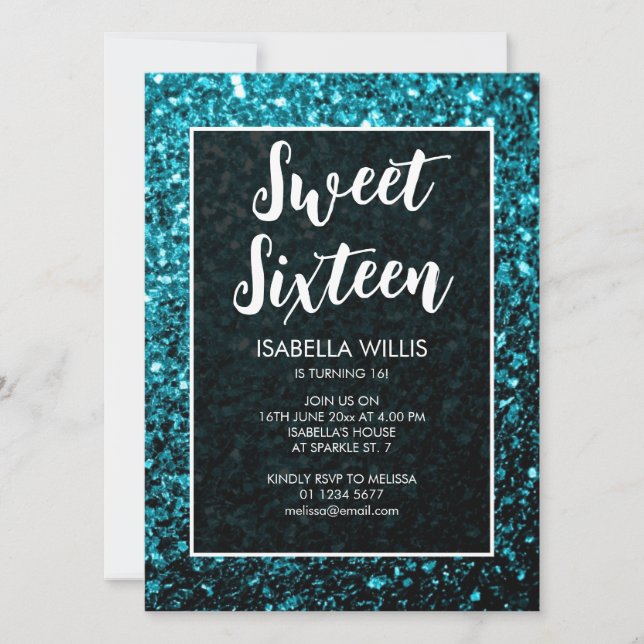 Aqua blue sparkles Sweet 16 elegant script Invitation (Front)