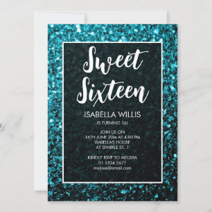 Aqua blue sparkles Sweet 16 elegant script Invitation
