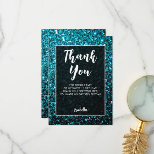 Aqua blue sparkles Sweet 16 elegant script Thank You Card