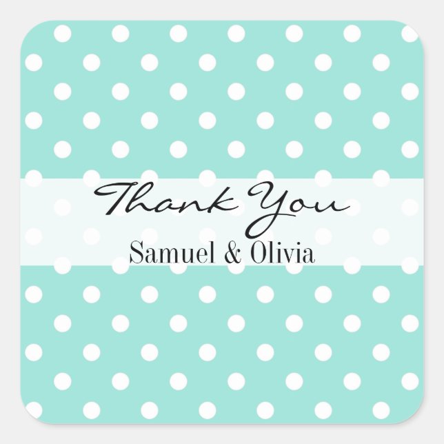 Aqua Blue Square Custom Polka Dotted Thank You Square Sticker (Front)