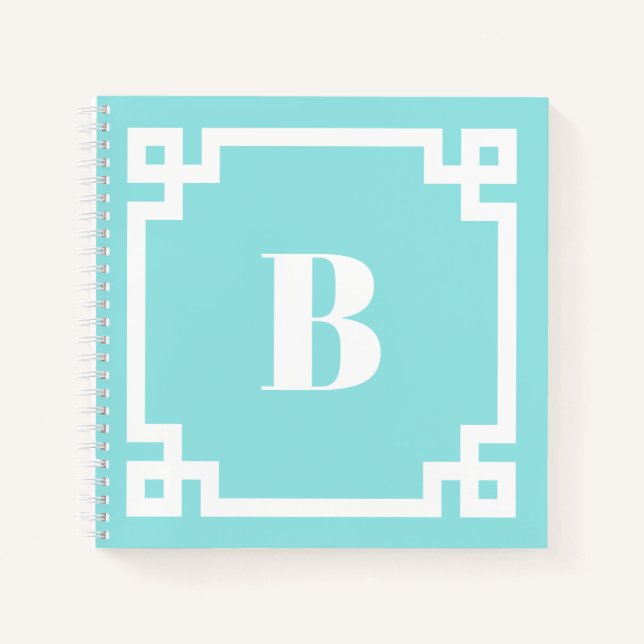 Aqua Blue Square Greek Key Border Monogram Notebook (Front)