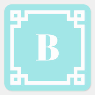 Aqua Blue Square Greek Key Border Monogrammed Sticker