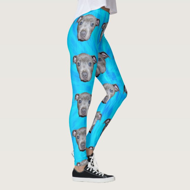 Aqua Blue Staffordshire Bull Terrier Puppy Pattern Leggings (Right)