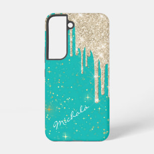 Aqua Blue Star Sparkle Silver Glitter Drips Samsung Galaxy Case