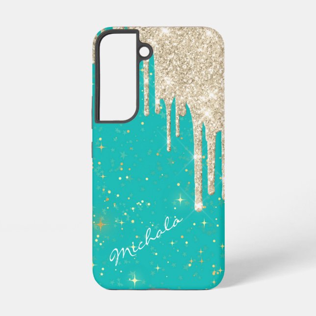 Aqua Blue Star Sparkle Silver Glitter Drips Samsung Galaxy S22 Case (Back)