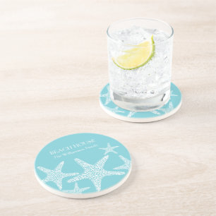 Aqua Blue Starfish Coastal Beach House Family Coaster