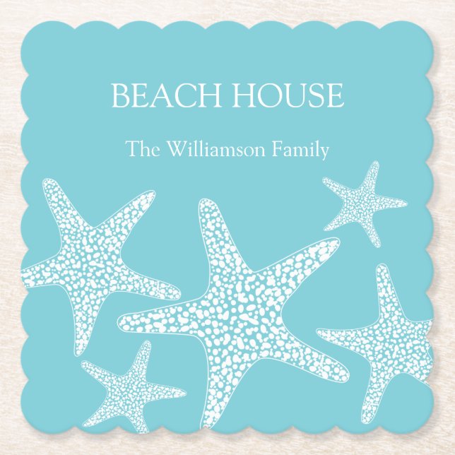 Aqua Blue Starfish Coastal Beach House Family  Paper Coaster (Front)